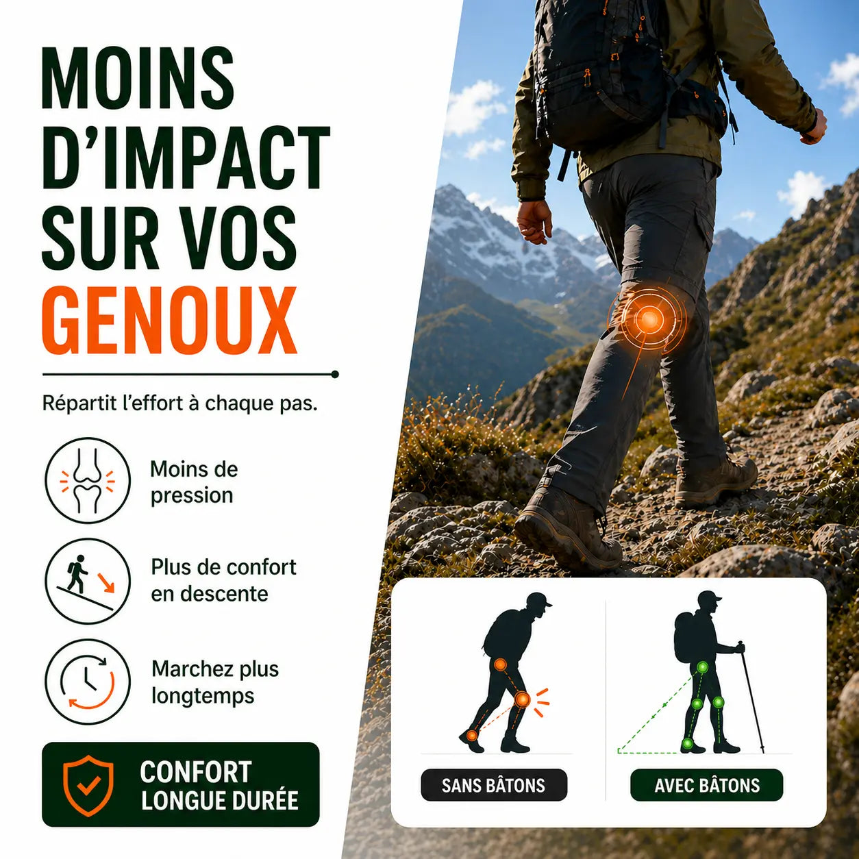 Bâtons trekking carbone Vercors Sortrek - réduit l'impact sur les genoux en randonnée