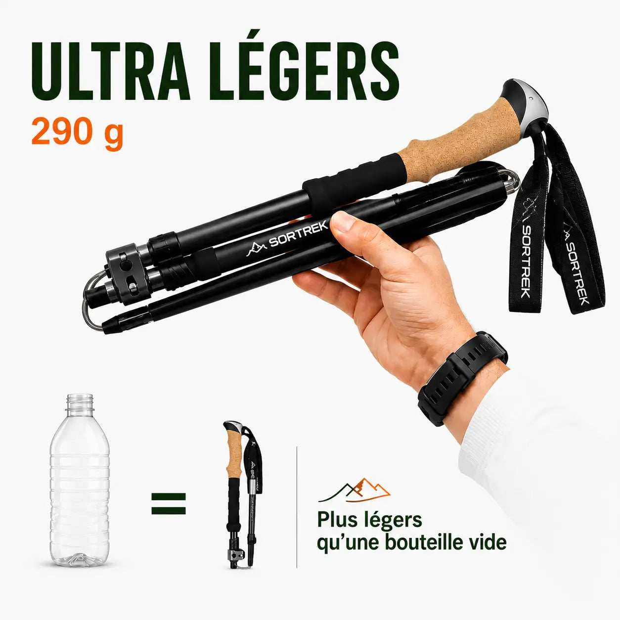 Bâtons marche nordique Quartz carbone Sortrek - vue détail mécanisme de verrouillage et poignée