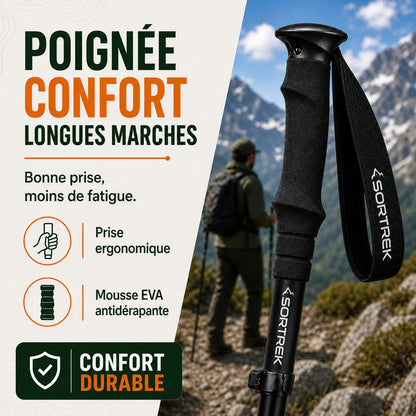 Bâtons marche pliables Ligne Sortrek - randonneur en sentier avec bâtons carbone
