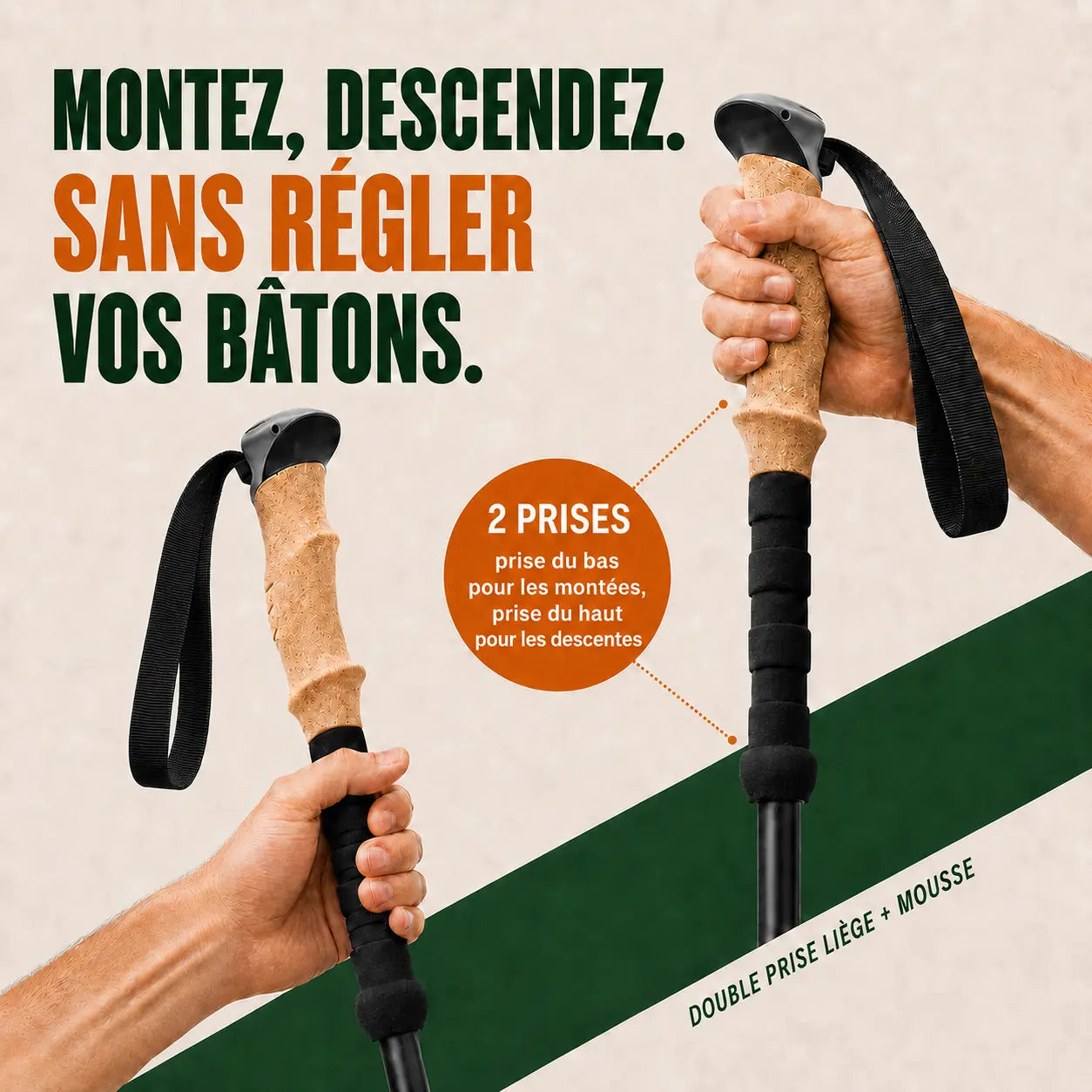 Bâtons de marche nordique Quartz carbone Sortrek - montez et descendez sans régler vos bâtons, double prise liège et mousse