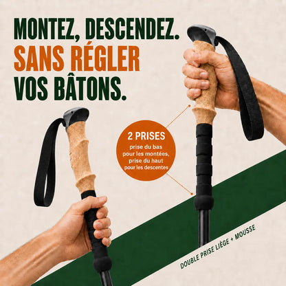 Bâtons de marche nordique Quartz carbone Sortrek - montez et descendez sans régler vos bâtons, double prise liège et mousse
