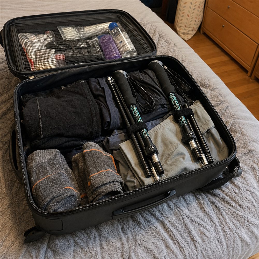Bâtons de randonnée pliés et rangés dans une valise